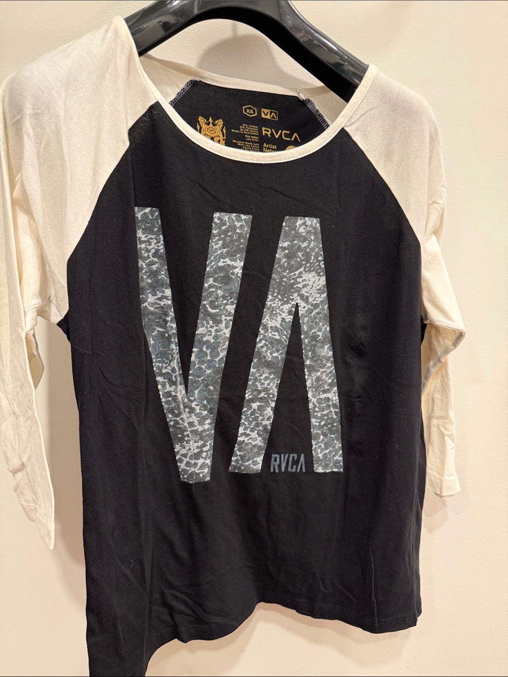 RVCA Black and Cream Raglan Long Sleeve Tee with Textured VA Graphic